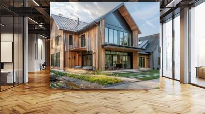 Modern suburban farmhouse with an eco-friendly design, including a rainwater harvesting system and a fa? section ade covered in sustainable wood siding Wall mural