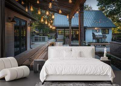 suburban farmhouse with a spacious outdoor dining area, featuring a long wooden table, benches, and a string of Edison bulbs hanging overhead Wall mural