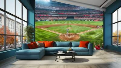 The baseball field with a shortstop catching a low ground ball, the stadium full of cheering fans Wall mural