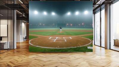 The baseball field with bases and the shortstop ready to catch a fast-approaching ball, stadium lights bright Wall mural