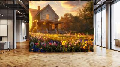 The golden light of dawn casting a warm glow on a country farm house with a porch surrounded by wildflowers Wall mural