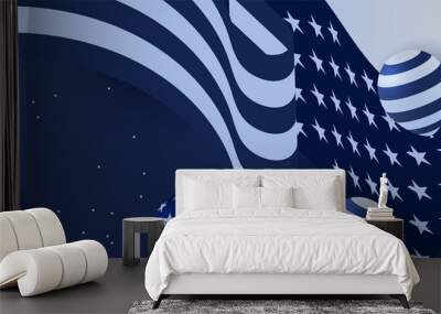 USA flag background. American flag waving in the wind vector illustration. Happy 4th of July stars balloons fireworks - Independence Day USA blue red background for celebration poster template Wall mural