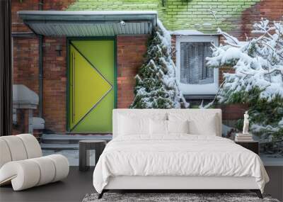 vibrant lime green door with modern, angular lines on a traditional brick house, contrasting sharply with a snowy environment Wall mural