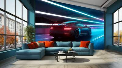 Driving a sports car on highway, a night track with neon lights. Generative AI Wall mural