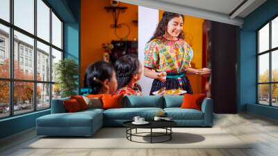 Woman in the dining room with her family. Wall mural