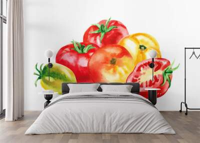 Hand painted watercolor delicious ripe tomatoes illustration isolated on white background. Wall mural