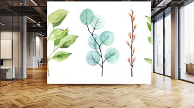 Watercolor hand painted botanical spring leaves and branches illustration isolated on white background Wall mural