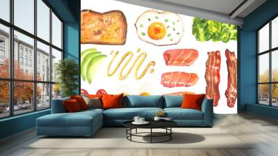 Watercolor hand painted breakfast food toasts, avocado, eggs, tomatoes ingredients illustration isolated on white background Wall mural