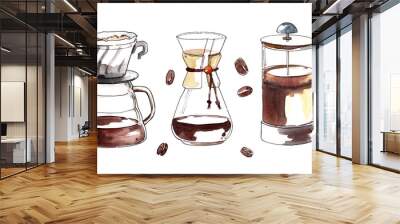 Watercolor hand-painted coffee kemex, hario and french press illustration set on white background Wall mural