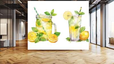 Watercolor hand painted lemonade cocktail glass with citrus fruit simple sketch illustration set isolated on white background. Hand drawn clip art for menu and ads Wall mural