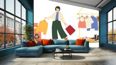 Young woman character shopping and sorting old clothes in recycling can. Hand drawn recycling concept modern flat vector illustration set. Wall mural