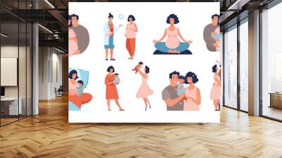 set about pregnancy and motherhood. dad and mom with a baby, the child is growing, yoga for pregnant Wall mural