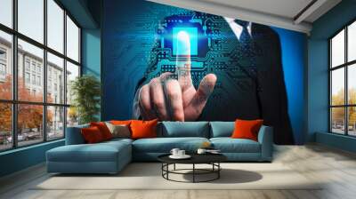 Virtual multimedia display. A man in a suit and tie clicks his index finger on the virtual screen. Wall mural