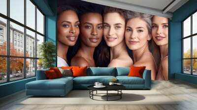 A diverse group of beautiful women with natural beauty and glowing smooth skin. Portrait of many attractive female fashion models with great skincare of all races, tones and style, Generative AI Wall mural