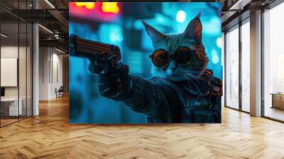 chubby cute cat cyberpunk shooter soldier holding gun prepare to shoot enemies in cyberpunk city Wall mural