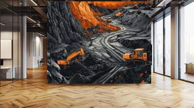 Coal mining operations are visibly damaging the surrounding landscape in a mountainous region Wall mural