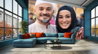 Couple Muslim smiling to the camera with view of the kaaba in Mecca, Generative AI Wall mural