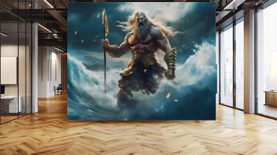 Giant poseidon coming out of the stormy sea. Greek mythological god wearing gold bracelets, carrying a golden trident in a storm Poseidon a Greek mythology god Wall mural