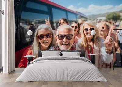 group of all parent tour participants with an interesting tour bus background, Moments of Togetherness in Front of the Tour Bus Wall mural