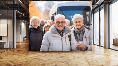 group of all parent tour participants with an interesting tour bus background, Moments of Togetherness in Front of the Tour Bus Wall mural