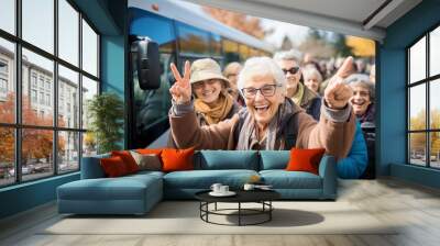 group of all parent tour participants with an interesting tour bus background, Moments of Togetherness in Front of the Tour Bus Wall mural