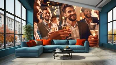 Happy man drinking champagne at party Wall mural