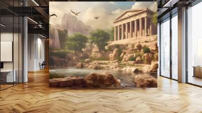 landscape ancient greek ruins and waterfalls, Generative AI Wall mural