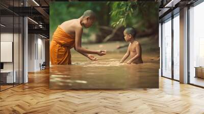 Monk and boy playing water in the river, Generative AI Wall mural