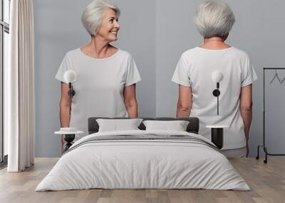 old grandmother wearing casual t-shirt. Side view, back and front view mockup template for print t-shirt design mockup Wall mural