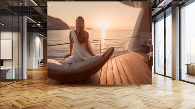 Rear view woman relaxing on a luxury boat, generative AI Wall mural