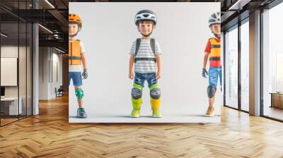 Three kids wear colorful safety gear including helmets and pads, illustrating essential protective equipment for outdoor play Wall mural