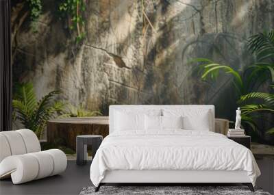 Wooden Log Platform in Lush Green Jungle Wall mural