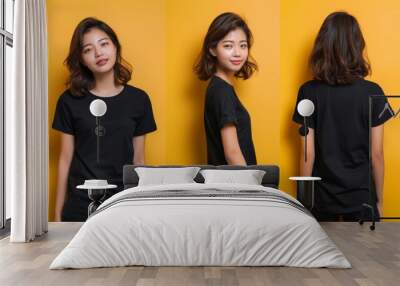 young asian woman wearing black casual t-shirt. Side, back and front view mockup template for printed t-shirt design mockup Wall mural