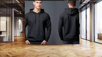 Young man wearing long sleeve hoodie sweatshirt Side view, back and front view mockup template for print t-shirt design mockup Wall mural