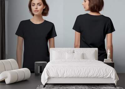 Young woman wearing black casual t-shirt. Side view, back and front view mockup template for print t-shirt design mockup Wall mural