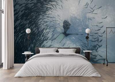 Silhouette of a female free diver surrounded by a massive school of jack fish near the surface. Wall mural