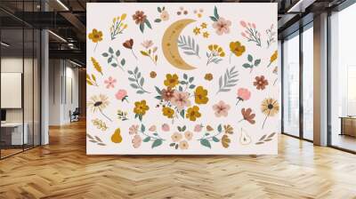 Set of hand drawn vector clipart elements, faded summer flowers, floral branches, natural boho clipart, sunflower, moon, flower bouquet illustration isolated on background Wall mural