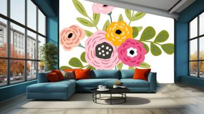 Vivid flowers bouquet PNG illustration element, flower composition, bright meadow floral arrangement Wall mural