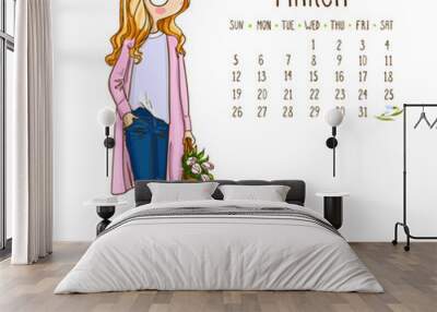 Calendar 2017, March month. Season girls design. Vector illustra Wall mural