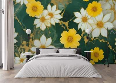 Abstract green marble with yellow and white flowers background Wall mural