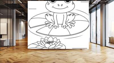 Cute frog sitting on the lotus leaf cartoon outline coloring page for kids Wall mural