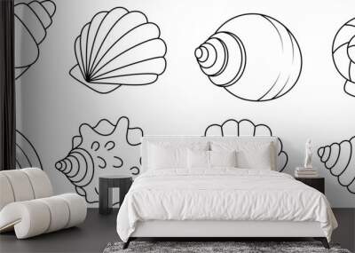 Set of seashell coloring page for kids. Summer outline doodle colouring page isolated on white background. Sea animal coloring book for kids Wall mural