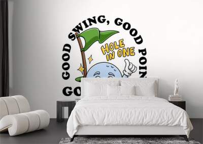 golf ball retro cartoon character mascot illustration being in the golf hole and giving a thumbs up with hole in one text for golf club and tournament mascots and merchandise Wall mural