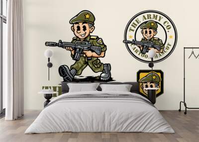 soldier army military holding weapon cartoon mascot logo design for sport adventure squad team Wall mural