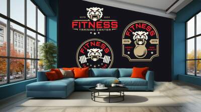 wild tiger with barbell and kettlebell logo design for fitness, gym, bodybuilding, weightlifting club Wall mural