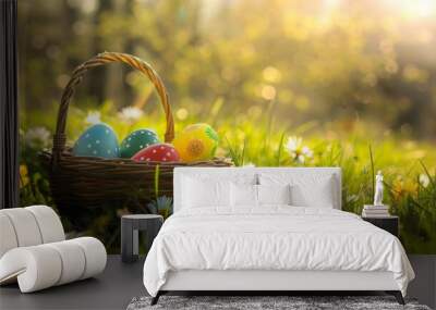 A basket of colorful Easter eggs sits in a field of daisies, bathed in warm sunlight. Wall mural