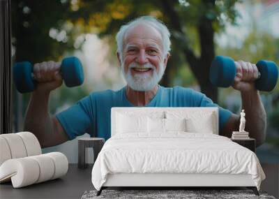 A cheerful elderly man lifting light weights at an outdoor fitness area, demonstrating strength and dedication to maintaining his health  Wall mural