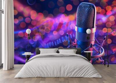 A close-up of a microphone with a blurred background of colorful lights. Wall mural