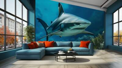 A close-up of a shark swimming in blue water. Wall mural