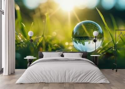 a glass ball in grass with the sun shining through Wall mural